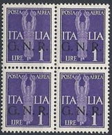 1944 RSI GNR VERONA POSTA AEREA 1 LIRA QUARTINA MNH ** - RSI167-2 - Posta Aerea