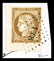 O N°1, 10c Bistre-jaune Coin De Feuille Sur Petit Fragment, Oblitération Légère, SUP (signé Calves/certificat)  Qualité: - 1849-1850 Ceres