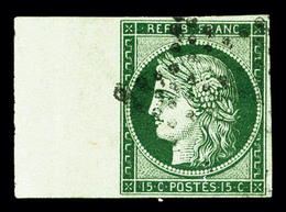 O N°2b, 15c Vert-foncé, Grand Bord De Feuille Latéral Gauche, PIECE CHOISIE, SUPERBE (signé Calves/Brun/certificat)   Qu - 1849-1850 Cérès