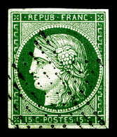O N°2b, 15c Vert Foncé Obl Légère. TTB (certificat)  Qualité: O  Cote: 1250 Euros - 1849-1850 Cérès