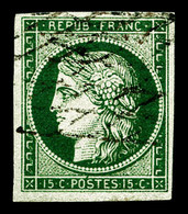 O N°2c, 15c Vert Très Foncé (vert Bouteille) Obl Grille Sans Fin, Superbe Couleur. TTB. R.R. (signé Brun/Gilbert/certifi - 1849-1850 Ceres