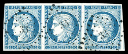 O N°4, 25c Bleu Clair, Bande De 3 Obl PC. SUP (certificat)  Qualité: O  Cote: 380 Euros - 1849-1850 Ceres