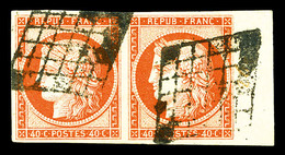 O N°5, 40c Orange En PAIRE HORIZONTALE Avec Grand Bord De Feuille Latéral Droit, Très Jolie Pièce (signé Brun/certificat - 1849-1850 Cérès