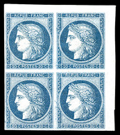 ** N°8b, Non émis, 20c Bleu Sur Azuré En Bloc De Quatre Coin De Feuille (1ex*), Piece D'une Qualité Exceptionnelle, R.R. - 1849-1850 Ceres