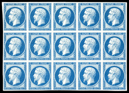 ** N°10c, 25c Bleu, Impression De 1862 En Bloc De 15 Exemplaires (2ex*), Fraîcheur Postale. SUPERBE. R.R. (certificat)   - 1852 Louis-Napoléon