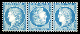 ** N°37d, 20c Bleu Sur Papier Jaunâtre, Tête-bêche Tenant à 2 Normaux Au Centre D'une Bande De Trois, Fraîcheur Postale. - 1870 Belagerung Von Paris
