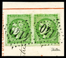 O N°42B, 5c Vert-jaune Rep 2 En Paire Obl GC 4140 Sur Petit Fragment, SUP (signé Brun/Scheller/certificat)  Qualité: O - 1870 Ausgabe Bordeaux