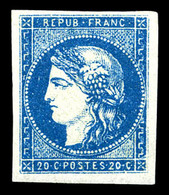 ** N°44B, 20c BLEU VIF, Type I Report 2, Très Grandes Marges, Fraîcheur Postale. MAGNIFIQUE. R.R.R. (signé Calves/Schell - 1870 Bordeaux Printing