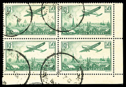 O N°14, Avion Survolant Paris, 50F Vert-jaune En Bloc De Quatre Coin De Feuille, R.R.R. Et SUP (certificat)  Qualité: O  - 1927-1959 Ungebraucht