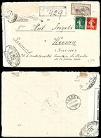 O N°4/5/13, 50c Merson + Semeuse 5c Vert Et 10c Rouge Surchargés Griffe 'POSTE SERBES' Sur Lettre Recommandée Ouverte Pa - War Stamps