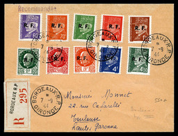 O N°1/11, BORDEAUX (Gironde), Type III: Série Complète (sf N°6) Sur Lettre Recommandée Du 7 Sept 44. TB  Qualité: O - Befreiung