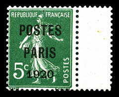 ** N°24, 5c Vert Surchargé 'POSTE PARIS 1920' Bdf Latéral, Fraîcheur Postale, SUP (certificat)  Qualité: **  Cote: 850 E - 1893-1947