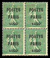 * N°25, 15c Vert-olive Surchargé 'POSTE PARIS 1920' En Bloc De Quatre, Légère Rousseur Sinon TB (certificat) (cote Maury - 1893-1947