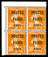 (*) N°29, Semeuse 30c Orange Surchargé 'POSTE PARIS 1921' En Bloc De Quatre Cdf. TB  Qualité: (*) - 1893-1947