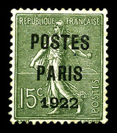 (*) N°31, 15c Vert Olive Surchargé 'POSTE PARIS 1922', Très Bon Centrage. SUP (signé Calves/certificat)  Qualité: (*)  C - 1893-1947