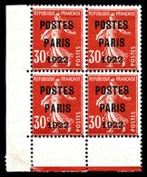 ** N°32, 30c Rouge Surchargé 'POSTE PARIS 1922' En Bloc De Quatre Coin De Feuille, Grande Fraîcheur. SUP. R.R. (certific - 1893-1947