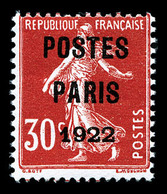 * N°32, 30c Rouge Surchargé 'POSTE PARIS 1922', Frais Et TB (certificat)  Qualité: *  Cote: 750 Euros - 1893-1947