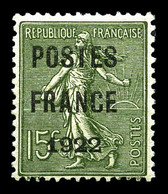 ** N°37, 15c Semeuse Surchargé 'POSTE FRANCE 1922', Bon Centrage, Fraîcheur Postale. SUP. R.R. (signé Brun/certificat)   - 1893-1947