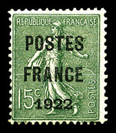(*) N°37, 15c Semeuse Surchargé 'POSTE FRANCE 1922'. TTB. (signé Calves/certificat)  Qualité: (*)  Cote: 700 Euros - 1893-1947