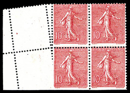 ** N°129c/k, 10c Semeuse, Piquage Oblique Par Pliage + 2 Ex Du Bas Dentelés Sur 3 Cotés En Bloc De Quatre Bdf. SUP (cert - Unused Stamps