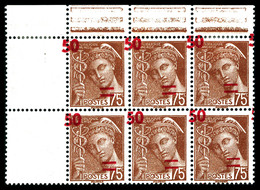 ** N°477, 50c S 75c Mercure, Surcharge Deplacée En Bloc De 6 Exemplaires Cdf (3ex*). TTB  Qualité: ** - Unused Stamps