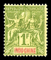 * INDOCHINE N°15a, 1F Olive: Double Légende INDO-CHINE, R.R. SUP (certificat)  Qualité: *  Cote: 1300 Euros - Unused Stamps