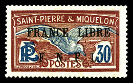 * SAINT PIERRE ET MIQUELON N°233, 30c Grenat Et Bleu Surchargé 'FRANCE LIBRE'. SUP. R. (signé Calves/certificat)  Qualit - Used Stamps