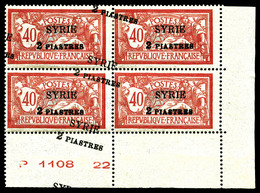 ** SYRIE N°114, 2 Pi Sur 40c Rouge-orange: Triple Surcharge Surcharge Décalée En Diagonale Sur Bloc De Quatre Cdf Numéro - Used Stamps