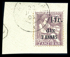 O ZANZIBAR N°67, 1 Fr Et Dix Sur 3a Sur 30c, Sur Son Support. TTB. R. (signé Calves/certificat)  Qualité: O  Cote: 2300  - Unused Stamps