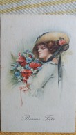 CPA ILLUSTRATEUR BARBER BONNE FETE FEMME AU CHAPEAU BOUQUET DE FLEURS BONNE FETE - Barber, Court