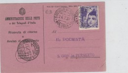RICEVUTA RITORNO 1937 COLONIE ESTIVE 50 CENT. TIMBRO S.GIOVANNI IN PERSICETO (Z1031 - Marcofilie