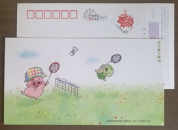 Cartoon Boar,Cartoon Tortoise,Playing Badminton,China 2007 Henan Lunar Boar Year Greeting Postal Stationery Card - Badminton