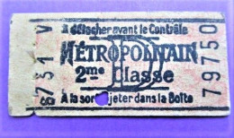 ANCIEN TICKET - Métropolitain " D " - 1930 - PARIS - 2° Classe -  TBE - Europe