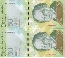 PAREJA CORRELATIVA DE VENEZUELA DE 50 BOLIVARES DEL 5 DE NOVIEMBRE 2015 SIN CIRCULAR -UNC (BANKNOTE) OSO FRONTINO (BEAR) - Venezuela