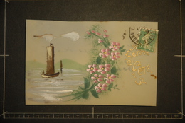 CP, Carte En Celluloid Peinte A La Main Theme Mer Marine Phare Fleurs Bonne Fete Voeux - Cartoline Porcellana