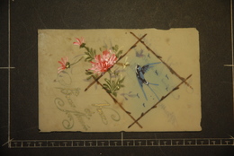 CP, Carte En Celluloid Ajout Decoupi Fleurs Peinte A La Main  Hirondelle - Cartes Porcelaine