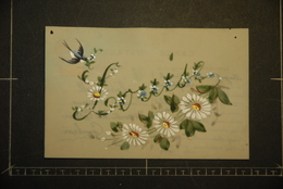 CP, Carte En Celluloid Ajout Decoupi Fleurs Peinte A La Main  Hirondelle - Cartoline Porcellana