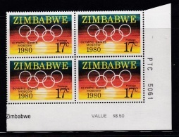 ZIMBABWE, 1980, Cancelled To Order Stamps, 1 Control Block Of 4, Olympic Games Moscow,  M 246 - Zimbabwe (1980-...)