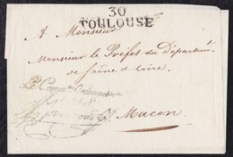 GRANDE ARMÉE. 1808 CA. TOULOUSE A MACON. ENVUELTA. MARCA "30/TOULOUSE". MARCA FRANQUICIA. RARÍSIMA NO RESEÑADA. - Marques D'armée (avant 1900)