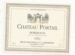 étiquette De Vin , Bordeaux , Château PORTAIL , 1992 , Mise En Bouteille à La Propriété Par Germain - Bordeaux