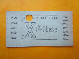 ANCIEN TICKET RATP Métro PARIS " X "  Vert - 1960/67 - 1° Classe - TBE - Europe