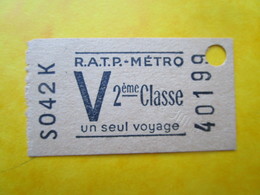 ANCIEN TICKET RATP Métro PARIS " V " - 1958 - 2° Classe - TBE - Europe