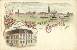 EMMERICH Am Rhein, Hotel Wwe. Jakob Zensen, Panorama Rheinseite (1899) AK - Emmerich