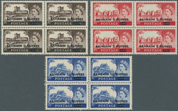 Bahrain: 1955, Overprints On GB "Castles", Three Values Each As Block Of Four, Unmounted Mint (some - Bahrein (1965-...)