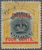 Brunei: 1906, Labuan Stamp 4c. On 12c. Black And Yellow With Red Opt. 'BRUNEI' With Variety 'line Th - Brunei (1984-...)