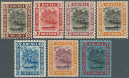 Brunei: 1908/1931, 'Huts And Canoe' Seven Different Stamps All With 'SKY RETOUCH At Upper Left' (Pos - Brunei (1984-...)