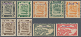 Brunei: 1942/44, Violet Overprint: Basic Set W. 1 C., 2 C. (both), 3 C., 4 C., 5 C. (two, Normal And - Brunei (1984-...)