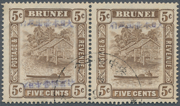 Brunei: 1942, Blue Overprint: Horizontal Pair With Left Double Ovpt. (one Inverted) And Right Normal - Brunei (1984-...)