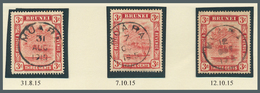 Brunei - Stempel: MUARA (type D3): 1915, Three 3c ‘bush Huts And Canoe’ Stamps With Clear Cancels Of - Brunei (1984-...)