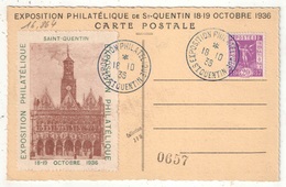Vignette De L'Exposition Philatélique De SAINT-QUENTIN - Octobre 1936 - Sur Carte Postale - Briefmarkenmessen